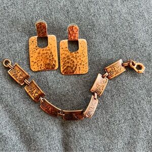 Vintage Solid Copper Link Bracelet With Southwestern Design And Dangle Earrings